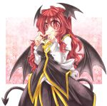  1girl alternate_costume armband blush breasts covering_mouth demon_tail demon_wings dress_shirt floral_background gradient gradient_background hair_intakes head_wings heart heart_hands koakuma layered_dress long_hair long_sleeves looking_at_viewer mumumu red_eyes redhead shirt slit_pupils solo tail touhou wings 