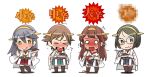  &gt;_&lt; 4girls :q bare_shoulders black_hair blush brown_hair brown_legwear censored_text chibi commentary curry curry_rice detached_sleeves eating food full-face_blush glasses hairband haruna_(kantai_collection) hiei_(kantai_collection) japanese_clothes kantai_collection kirishima_(kantai_collection) kongou_(kantai_collection) long_hair multiple_girls nishieda personification pleated_skirt short_hair simple_background skirt smile spilling standing sweatdrop thigh-highs tongue translated white_background zettai_ryouiki 