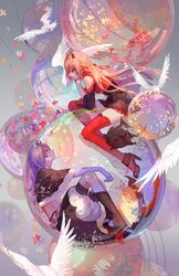  2girls animal asukaziye bird blue_eyes blue_hair bubble high_heels highres horns kneehighs long_hair midriff multiple_girls orange_hair pixiv_fantasia pixiv_fantasia_fallen_kings red_eyes thigh-highs 