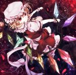 1girl ascot blonde_hair flandre_scarlet flower gensou_aporo hat hat_ribbon holding holding_weapon laevatein leaning_back petals puffy_short_sleeves puffy_sleeves red_eyes red_ribbon red_shoes ribbon rose rose_petals shoes short_sleeves side_ponytail smile socks solo tagme touhou white_legwear wings wrist_cuffs 