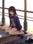  1girl blazer bow brown_eyes brown_hair highres long_hair looking_at_viewer mikkii original school_uniform shoes shoes_removed sitting socks socks_removed solo thighs 