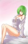  1girl absurdres bare_shoulders bottomless breasts cleavage cleavage_cutout collarbone dress_shirt green_hair hair_over_one_eye highres kazami_yuuka koissa large_breasts looking_at_viewer naked_shirt off_shoulder red_eyes shirt sitting solo touhou 