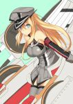  1girl bare_shoulders bismarck_(kantai_collection) blonde_hair blue_eyes breasts cccpo grey_legwear iron_cross kantai_collection large_breasts long_hair solo thighhighs 