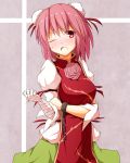 1girl bandages blush chain chinese_clothes double_bun flower hokke_(iky9917) ibaraki_kasen one_eye_closed open_mouth pink_eyes pink_hair rose short_hair solo touhou wink 
