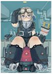  1girl backpack bag bow cyborg dress ebimomo frown glasses goggles goggles_on_head hairband heart mole original pipes plug ribbon robot round_glasses short_hair silver_hair sitting solo translation_request violet_eyes wheel 