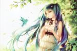  1girl absurdres alternate_costume bare_shoulders bird blue_hair dress fingers_together green_eyes hatsune_miku highres long_hair nature neck_ribbon parted_lips ribbon scan smile solo strapless_dress tidsean twintails vocaloid white_background white_dress 