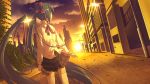  1girl aki_(akisora_hiyori) city diploma green_hair hatsune_miku highres long_hair looking_back skirt solo sunset thigh-highs twintails very_long_hair vocaloid 