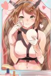  1girl bare_shoulders blush breasts brown_hair gloves green_eyes headgear kantai_collection large_breasts makeup mirror mutsu_(kantai_collection) short_hair solo surumeri_(baneiro) white_gloves 