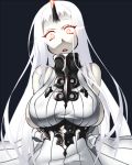  1girl bare_shoulders breasts detached_sleeves dress gaien glowing glowing_eyes horn kantai_collection large_breasts long_hair red_eyes ribbed_dress seaport_hime shinkaisei-kan sideboob solo very_long_hair white_hair white_skin 