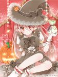 1girl blush bow hat hiro_(hirohiro31) jack-o&#039;-lantern long_hair original pointy_ears sitting solo star witch_hat 