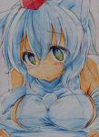  1girl absurdres animal_ears bare_shoulders breast_press breasts colored_pencil_(medium) detached_sleeves face hat highres inubashiri_momiji kitazinger large_breasts solo tokin_hat touhou traditional_media wolf_ears yellow_eyes 