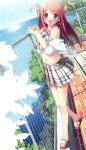  1girl :d absurdres brick camisole dutch_angle fence highres kantoku kurumi_(kantoku) open_clothes open_mouth open_shirt pink_hair plaid plaid_skirt skirt smile tagme two_side_up violet_eyes 