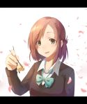  1girl absurdres blush brown_eyes brown_hair chopsticks fujimiya_kaori gensou_kuro_usagi hair_bun highres isshuukan_friends letterboxed looking_at_viewer open_mouth pov_feeding school_uniform short_hair skirt smile solo 