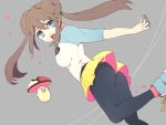  1girl black_legwear blue_eyes brown_hair double_bun eigo_oru foongus from_below long_hair looking_at_viewer mei_(pokemon) open_mouth pantyhose pokemon pokemon_special raglan_sleeves shorts solo_focus twintails 