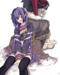  1boy 1girl back-to-back barefoot between_legs black_legwear blush chinese_clothes feet fur_trim green_eyes hand_between_legs kayuu_(sangokushi_taisen) lefty10 long_hair mask no_hat open_mouth purple_hair red_eyes robe sangokushi_taisen scar simple_background sitting thigh-highs very_long_hair white_background zettai_ryouiki 