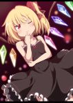  1girl alternate_costume bare_arms black_dress bow collarbone do_(4-rt) dress fang finger_to_mouth flandre_scarlet glowing glowing_wings hair_bow highres letterboxed looking_at_viewer no_hat one_eye_closed side_ponytail sleeveless sleeveless_dress smile solo touhou wings wink 