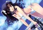  1girl arm_support artist_request bicycle bikini black_eyes black_hair character_request dutch_angle hair_ribbon highres long_hair matsumoto_noriyuki navel ocean open_mouth outdoors ribbon side-tie_bikini solo swimsuit water white_bikini white_swimsuit wristband 