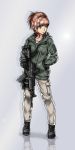  1girl :t assault_rifle boots breasts brown_eyes brown_hair cargo_pants galil_ace_32 gun hand_in_pocket highres hoodie mouth_hold original reflective_floor rifle scope short_hair solo specterz strap_cleavage trigger_discipline weapon 