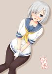  1girl blue_eyes embarrassed gloves grey_hair hamakaze_(kantai_collection) highres kantai_collection no_pants open_mouth pantyhose personification sano_souichi shirt short_hair short_sleeves solo white_gloves white_shirt 