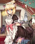  1girl ahoge animal_ears apron blonde_hair blue_eyes bow cat cat_ears cat_tail dino_(trexsilence) frills gloves looking_at_viewer maid maid_headdress original solo tail teapot thigh-highs tray updo watermark white_gloves white_legwear 