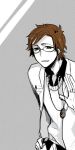  1boy brown_hair freckles glasses green_eyes hand_on_hip jewelry labcoat male necklace open_mouth roels scp_foundation solo tagme 