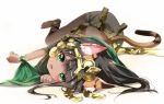  1girl animal_ears barefoot bastet_(p&amp;d) black_hair blush cat_ears cat_tail dark_skin emam_0201 fang green_eyes long_hair looking_at_viewer lying open_mouth puzzle_&amp;_dragons solo tail 