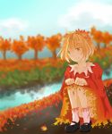  1girl aki_shizuha ankle_socks autumn autumn_leaves blonde_hair blue_sky blurry clenched_hands clouds collarbone depth_of_field dress hair_ornament hands_on_knees highres hinamichi. leaf_hair_ornament long_sleeves looking_down mary_janes shoes short_hair sky smile solo squatting stream touhou tree yellow_eyes 