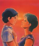  1boy 1girl dated four_murasame gundam highres kamille_bidan kitazume_hiroyuki official_art profile short_hair simple_background sunset traditional_media zeta_gundam 