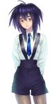 1girl arms_behind_back blue_hair melfina necktie outlaw_star pantyhose quot smile solo spiky_hair suspenders yellow_eyes 