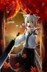  1girl animal_ears armpits autumn_leaves bare_shoulders detached_sleeves hat inubashiri_momiji leaf looking_at_viewer michimaru_(michi) pom_pom_(clothes) red_eyes short_hair silver_hair solo sword tail tokin_hat touhou tree weapon wolf_ears wolf_tail 