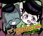  2boys chibi closed_eyes earrings fang halloween halloween_costume higashikata_jousuke jewelry jojo_no_kimyou_na_bouken lowres multiple_boys nijimura_okuyasu open_mouth pompadour pumpkin smile violet_eyes vldksltlah88 