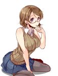  1girl ajishio bare_shoulders blush brown_hair glasses koizumi_hanayo looking_at_viewer love_live!_school_idol_project open_mouth pantyhose short_hair skirt sleeveless solo sweater_vest violet_eyes 