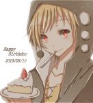  blonde_hair cake dated food happy_birthday hiro_(hirohiro31) kagerou_project looking_at_viewer red_eyes short_hair simple_background smile solo white_background 
