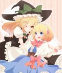  2girls alice_margatroid aoi_(annbi) apron black_dress blonde_hair blue_dress blue_eyes bow capelet corset dress grin hat hat_bow holding_hands kirisame_marisa maid_headdress multiple_girls one_eye_closed open_mouth puffy_sleeves sash short_sleeves smile touhou waist_apron wink witch_hat wrist_cuffs yellow_eyes 