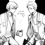  2boys character_request cup emoticon glasses labcoat male monochrome mug multiple_boys necktie roels scp_foundation sketch smile tagme 