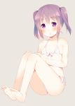  1girl bare_shoulders barefoot bikini blush brown_hair feet flat_chest front-tie_top long_hair looking_at_viewer meito_(maze) open_mouth original side-tie_bikini sitting soles solo swimsuit twintails violet_eyes white_bikini white_swimsuit 
