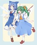  2girls ascot blue_eyes blue_hair border bow cirno daiyousei dress fairy_wings fang green_eyes green_hair grin hair_bow hair_ribbon highres holding_hands interlocked_fingers kuroi-neko leg_up looking_at_another looking_at_viewer multiple_girls one_eye_closed open_mouth ponytail puffy_short_sleeves puffy_sleeves ribbon short_sleeves simple_background smile socks touhou wings wink 