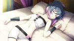  1girl bare_shoulders bed bike_shorts blue_hair breasts closed_eyes crotch_seam game_cg gradient_hair lying midriff multicolored_hair navel on_back orion_(orionproject) pigu_geliciam pillow purple_hair rance_(series) rance_ix sleeping solo 