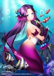  1girl aile_(crossroads) blue_eyes blush bubble character_request copyright_name fingerless_gloves fish flute gloves instrument long_hair mermaid monster_girl purple_hair smile solo tank_top underwater unleashed 