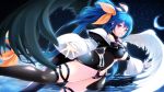  1girl angel_wings asymmetrical_wings blue_hair bow breasts choker dizzy guilty_gear hair_bow highres large_breasts long_hair navel open_mouth red_eyes ribbon solo tail tail_ribbon tebukuro thighhighs twintails underboob wings 