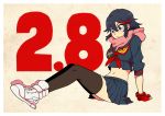  1girl arm_support black_hair blue_eyes kill_la_kill matoi_ryuuko midriff sako scarf school_uniform senketsu serafuku shoes short_hair sitting skirt sneakers thighhighs 