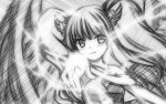  1girl highres long_hair looking_at_viewer monochrome playjoe2005 shikihime_zoushi smile solo twintails wings 