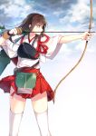  1girl aiming akagi_(kantai_collection) bow_(weapon) brown_eyes brown_hair clouds drawing_bow hakama_skirt japanese_clothes kantai_collection long_hair muneate personification pleated_skirt skirt sky tasuki thighhighs toosaka_asagi weapon white_legwear yugake zettai_ryouiki 