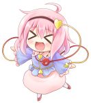  &gt;_&lt; 1girl blush chibi closed_eyes hairband heart highres komeiji_satori long_sleeves nichika_(nitikapo) open_mouth outstretched_arms pink_hair shirt simple_background skirt smile solo standing_on_one_leg third_eye touhou white_background wide_sleeves 
