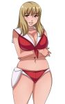  1girl blonde_hair blush boobies_uniform breast_hold breasts brown_eyes choker cleavage collarbone crossed_arms front-tie_top large_breasts lips long_hair looking_at_viewer matoyama midriff navel short_shorts shorts simple_background smile solo space_dandy white_background 