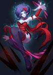  1girl alternate_costume alternate_hair_color black_legwear blue_eyes blue_hair blue_lips breasts cleavage dress evelynn fingernails flower highres league_of_legends liuruoyu8888 open_mouth pointy_ears red_dress red_nails rose sharp_fingernails smile solo thighhighs 
