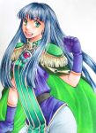  1girl black_hair cape elbow_gloves gloves green_eyes long_hair looking_at_viewer open_mouth shoulder_pads slayers smile solo sylphiel_nels_lahda traditional_media yashuring 