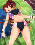  1girl breasts brown_hair grass hair_ribbon high_jump koflif large_breasts long_hair midriff navel open_mouth original ponytail ribbon solo sports_bikini taut_clothes track track_and_field violet_eyes watch watch wristband 