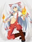  1girl black_bra boots bow bra fire front-tie_top fujiwara_no_mokou hair_bow hair_ribbon hasu_(lausdys) highres kneeling long_hair midriff navel pants red_eyes ribbon silver_hair solo suspenders tied_shirt touhou underwear very_long_hair 