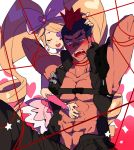  1boy 1girl abs arms_up bdsm black_hair blonde_hair blush bondage bow drill_hair eyepatch femdom hair_bow harime_nui kill_la_kill kinagase_tsumugu mohawk multicolored_hair muscle redhead roco617 tied_up twin_drills two-tone_hair 